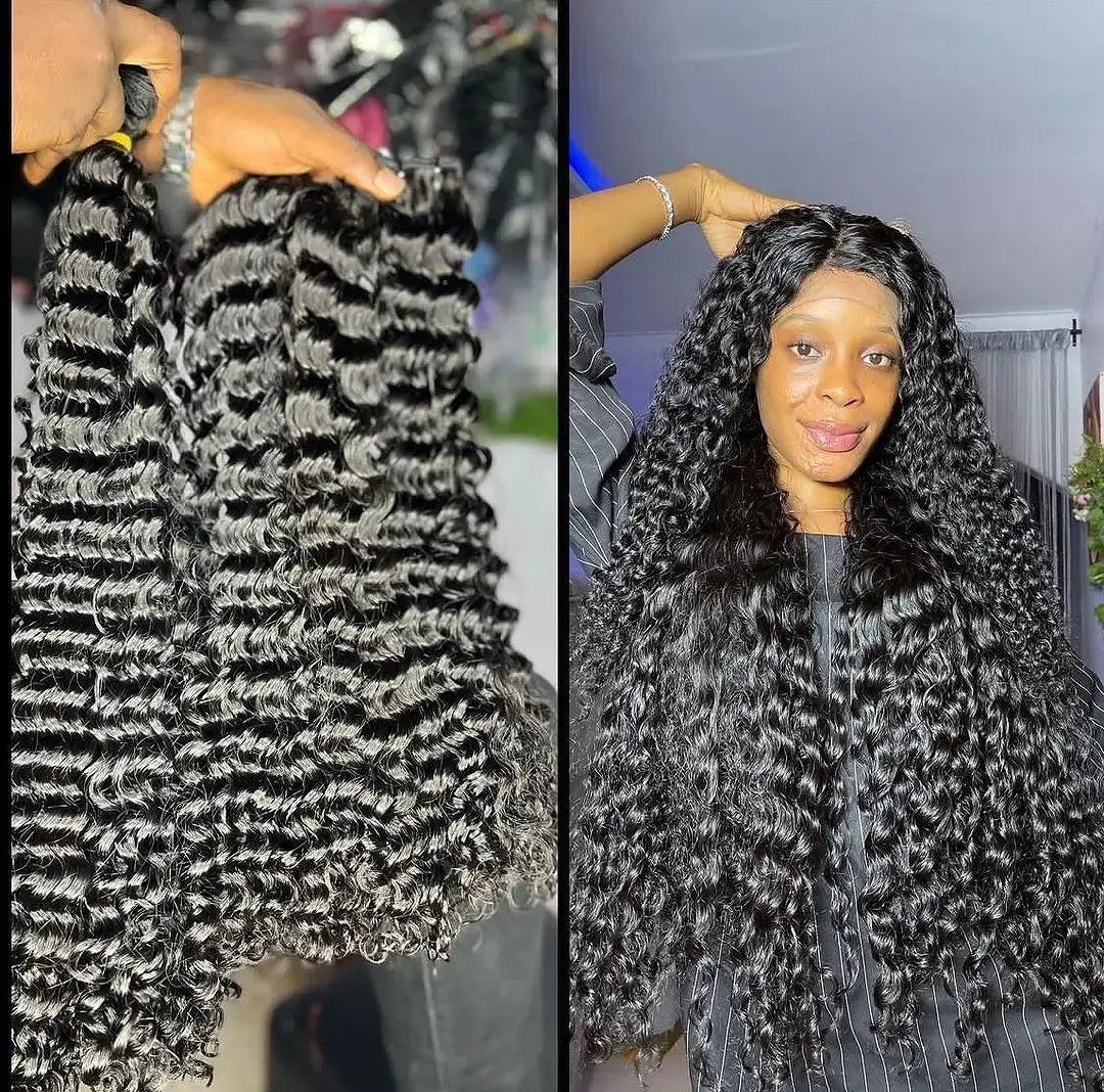 Raw Virgin Human Hair Bundles displayed alongside a woman wearing long, wavy hair extensions, showcasing quality and style.