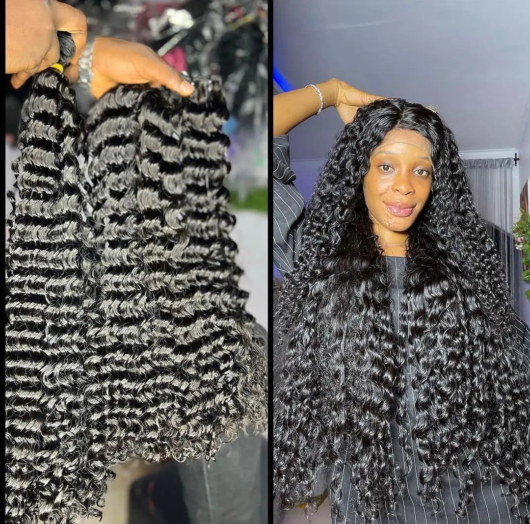 Raw Virgin Human Hair Bundles displayed alongside a woman wearing long, wavy hair extensions, showcasing quality and style.
