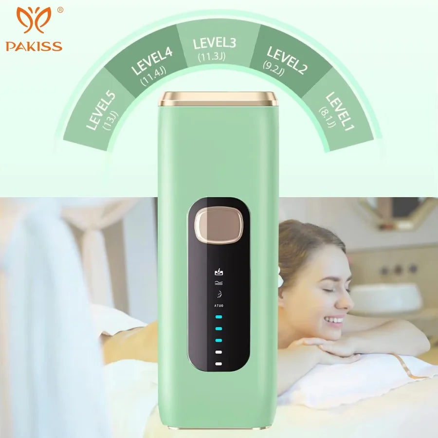 Green electronic device with a woman sleeping in the background, branded as PAKISS.
