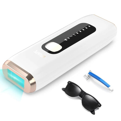 White electronic device with a black screen, sunglasses, and a blue tool on a white background