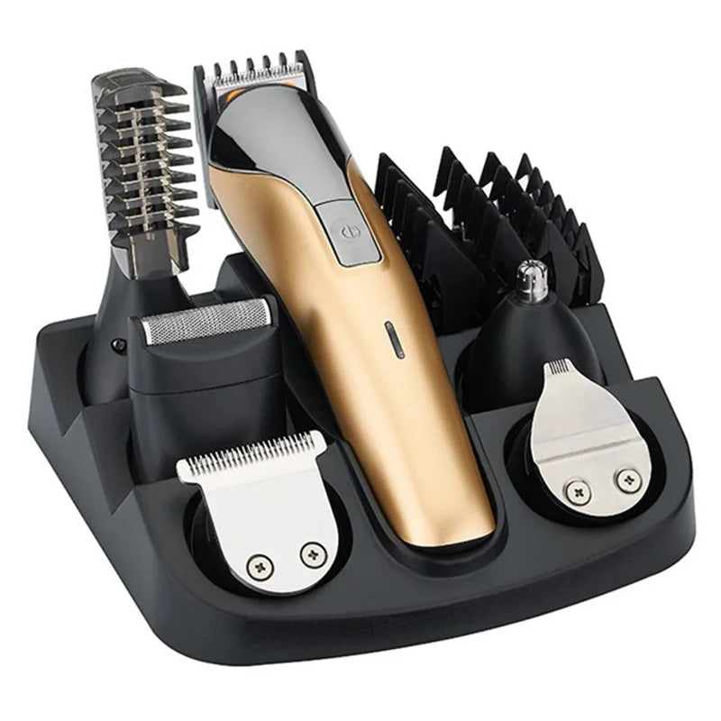 Men's 14-in-1 Grooming Kit with various grooming attachments on a black stand.