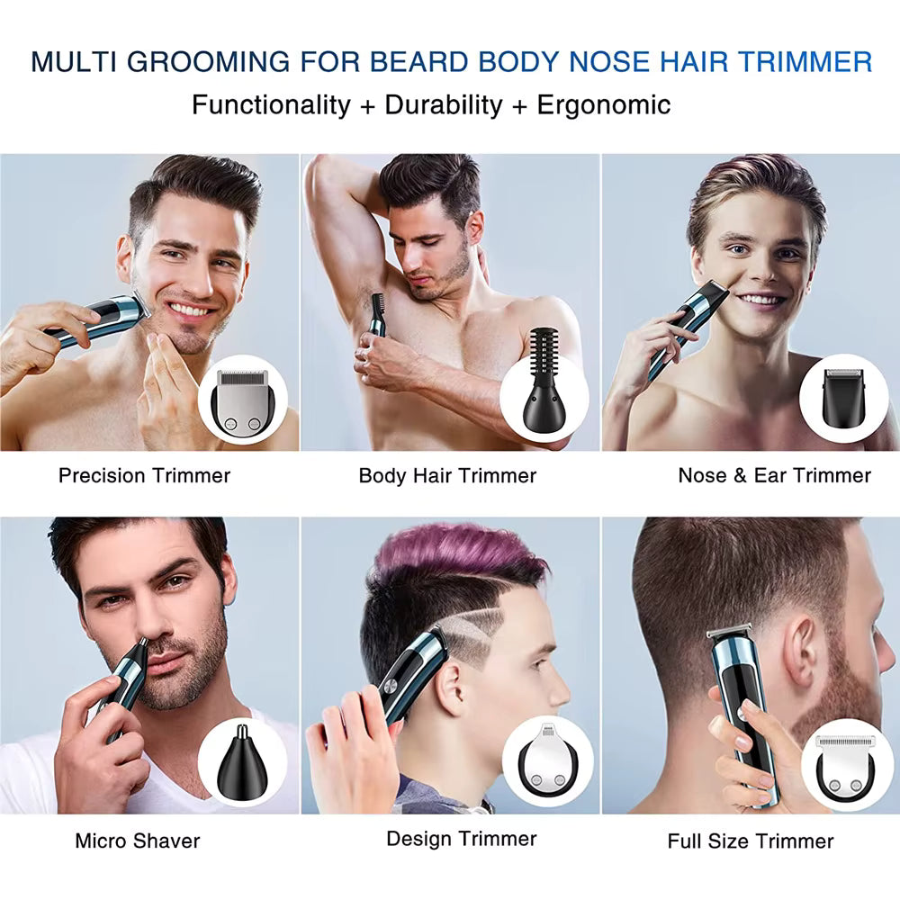 Men's 14-in-1 Grooming Kit featuring multi grooming tools for beard, body, and nose hair trimming.