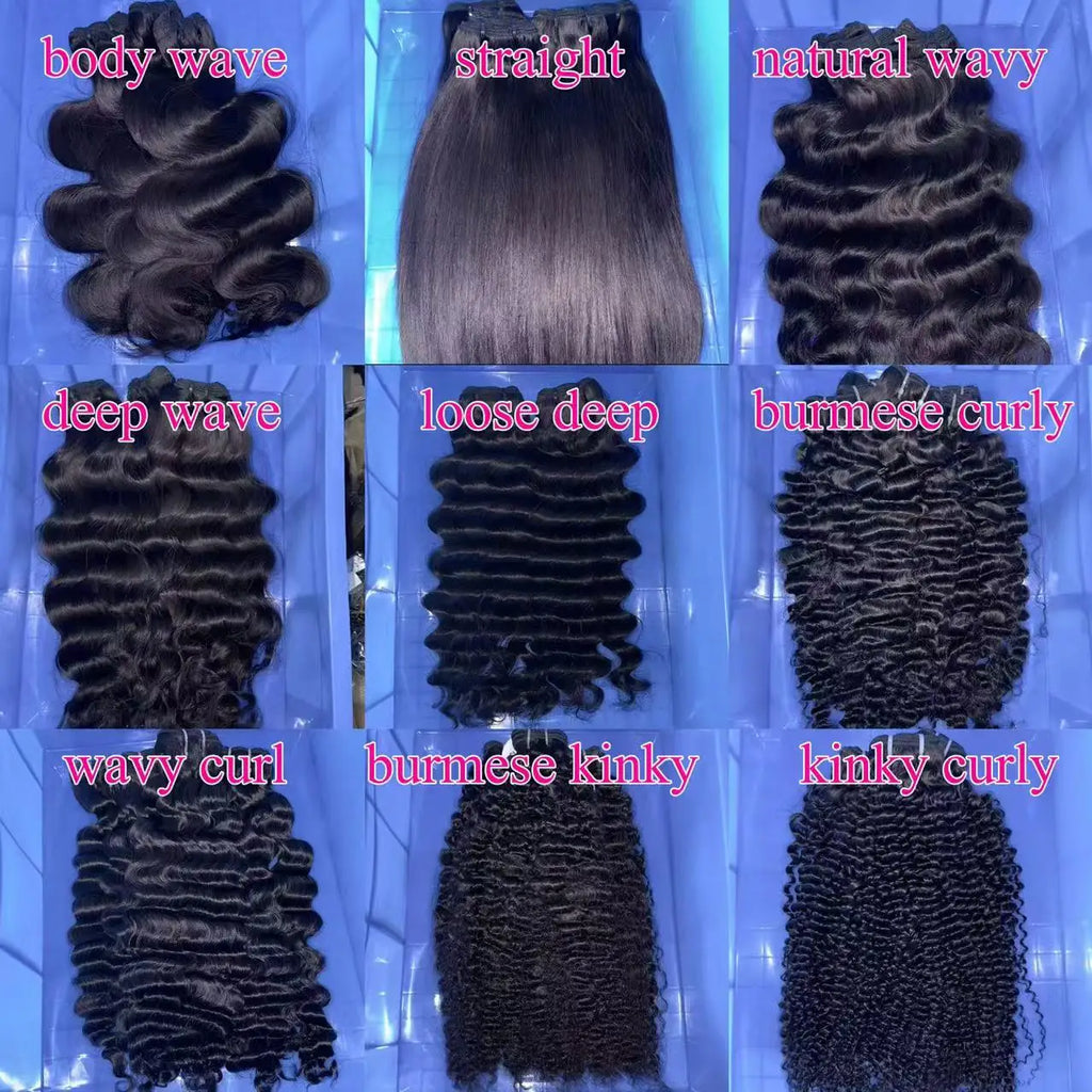 Raw Virgin Human Hair Bundles showcasing various styles: body wave, straight, natural wavy, deep wave, loose deep, burmese curly, wavy curl, burmese kinky, kinky curly.