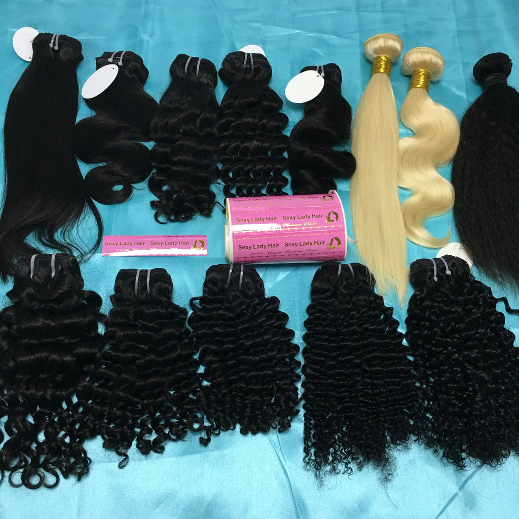 Raw Virgin Human Hair Bundles displayed on a blue background showcasing various styles and textures.