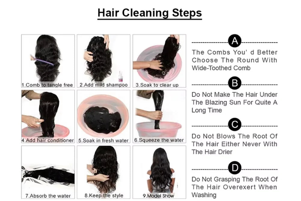 Hair cleaning steps for maintaining 13x6 HD Lace Front Wig, including washing and conditioning guidelines.