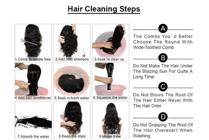 Hair cleaning steps for maintaining 13x6 HD Lace Front Wig, including washing and conditioning guidelines.