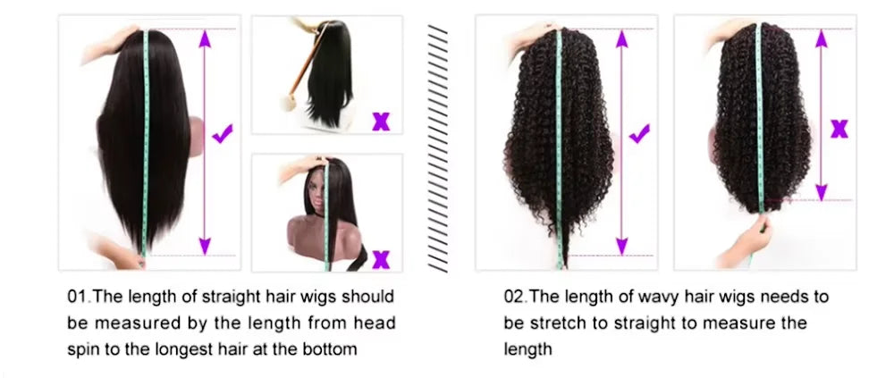 Measuring length of straight and curly wigs, demonstrating how to measure wig length accurately.